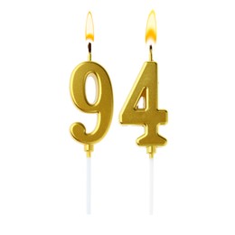 Image of Burning golden cake candles composing number 94 on white background. Festive decoration for birthday or other special date