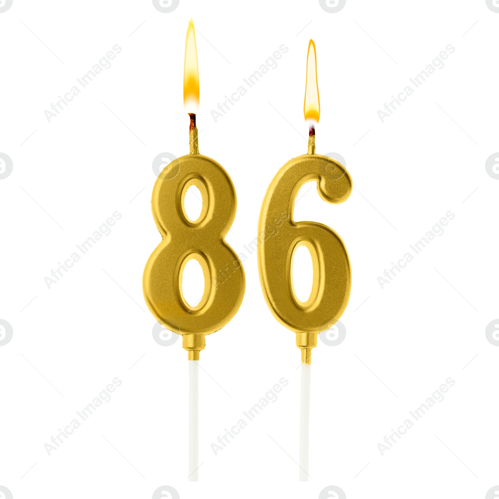 Burning golden cake candles composing number 86 on white background. Festive decoration for birthday or other special date Image of Burning golden cake candles composing number 86 on white background. Festive decoration for birthday or other special date