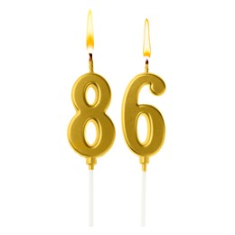 Image of Burning golden cake candles composing number 86 on white background. Festive decoration for birthday or other special date