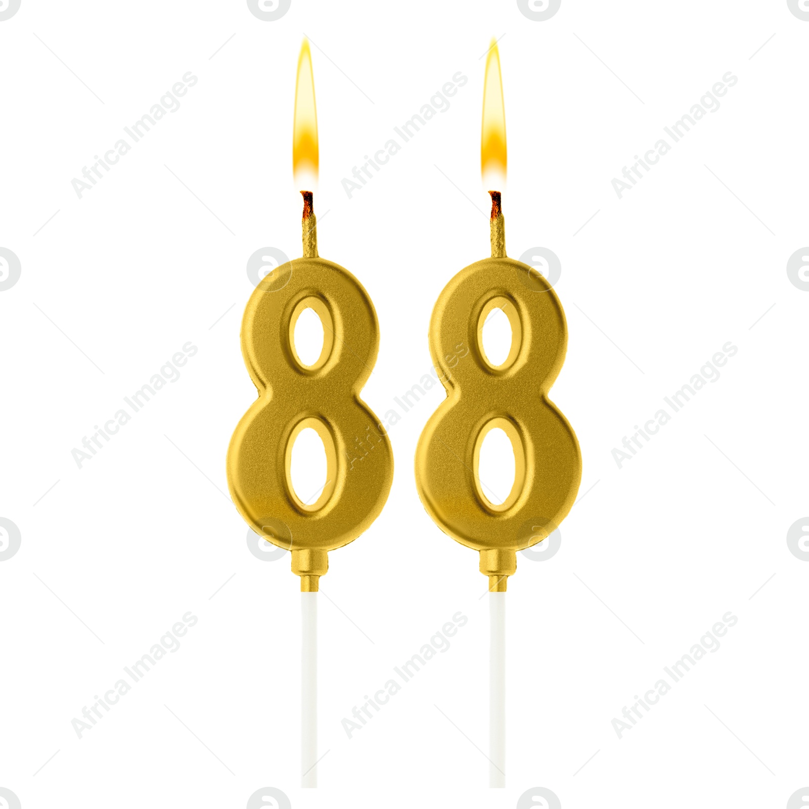 Burning golden cake candles composing number 88 on white background. Festive decoration for birthday or other special date Image of Burning golden cake candles composing number 88 on white background. Festive decoration for birthday or other special date