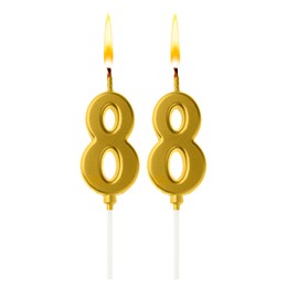 Image of Burning golden cake candles composing number 88 on white background. Festive decoration for birthday or other special date