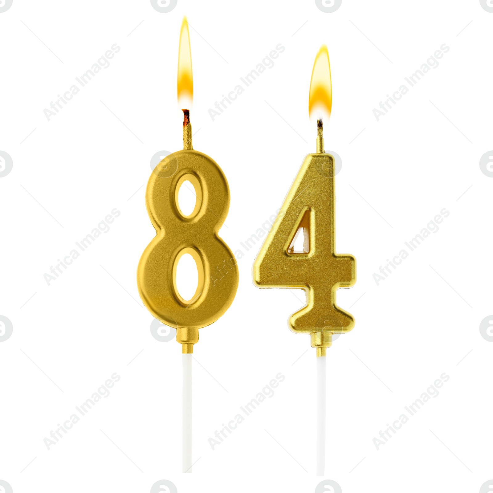 Burning golden cake candles composing number 84 on white background. Festive decoration for birthday or other special date Image of Burning golden cake candles composing number 84 on white background. Festive decoration for birthday or other special date