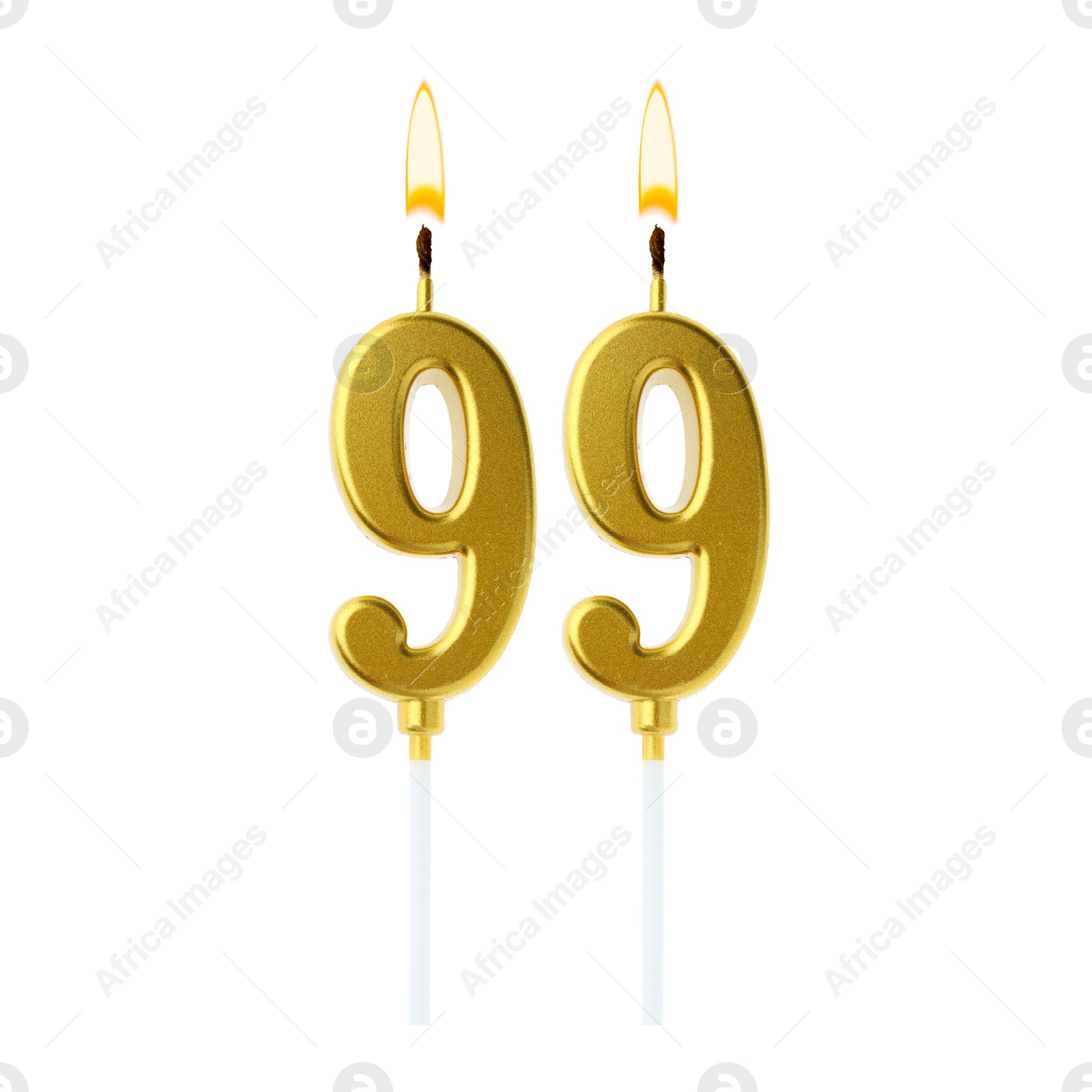 Burning golden cake candles composing number 99 on white background. Festive decoration for birthday or other special date Image of Burning golden cake candles composing number 99 on white background. Festive decoration for birthday or other special date