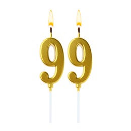 Image of Burning golden cake candles composing number 99 on white background. Festive decoration for birthday or other special date