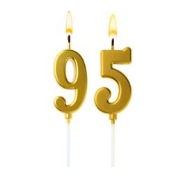 Image of Burning golden cake candles composing number 95 on white background. Festive decoration for birthday or other special date