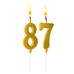 Image of Burning golden cake candles composing number 87 on white background. Festive decoration for birthday or other special date