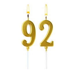 Image of Burning golden cake candles composing number 92 on white background. Festive decoration for birthday or other special date