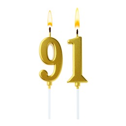 Image of Burning golden cake candles composing number 91 on white background. Festive decoration for birthday or other special date