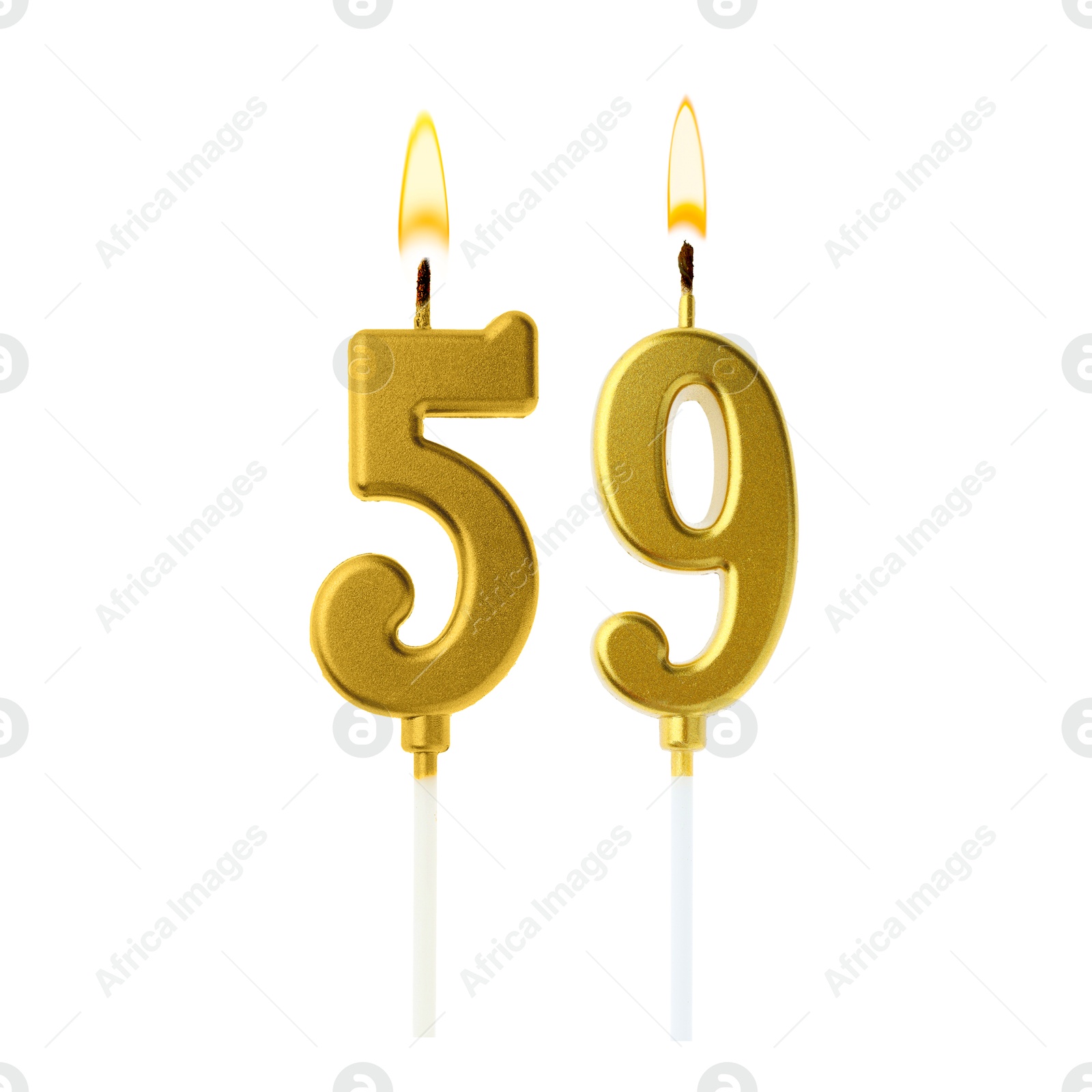 Burning golden cake candles composing number 59 on white background. Festive decoration for birthday or other special date Image of Burning golden cake candles composing number 59 on white background. Festive decoration for birthday or other special date