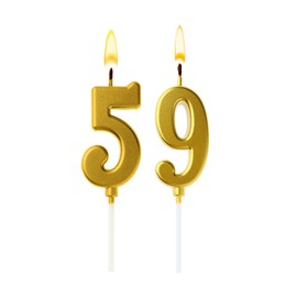 Image of Burning golden cake candles composing number 59 on white background. Festive decoration for birthday or other special date