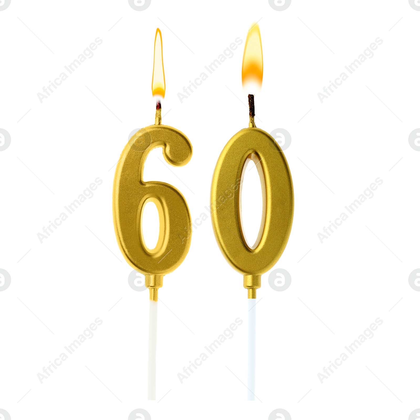 Burning golden cake candles composing number 60 on white background. Festive decoration for birthday or other special date Image of Burning golden cake candles composing number 60 on white background. Festive decoration for birthday or other special date