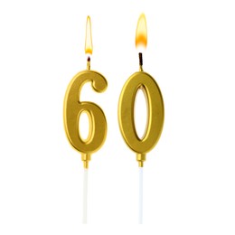Image of Burning golden cake candles composing number 60 on white background. Festive decoration for birthday or other special date