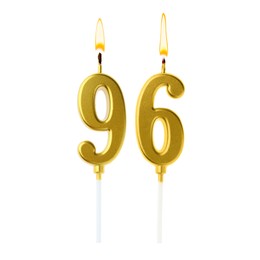 Image of Burning golden cake candles composing number 96 on white background. Festive decoration for birthday or other special date