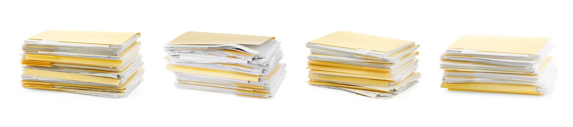 Image of File folder with sheets of paper isolated on white, collage