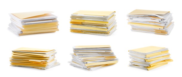 Image of File folder with sheets of paper isolated on white, collage