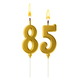 Image of Burning golden cake candles composing number 85 on white background. Festive decoration for birthday or other special date