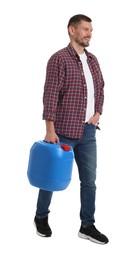 Photo of Man holding plastic canister on white background