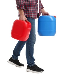 Photo of Man with plastic canisters on white background, closeup