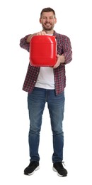 Photo of Man holding plastic canister on white background