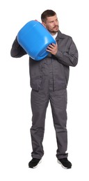 Photo of Man holding plastic canister on white background