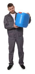 Photo of Man holding plastic canister on white background