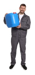 Photo of Man holding plastic canister on white background