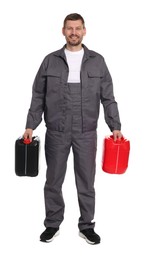 Photo of Man with plastic canisters on white background