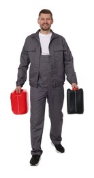 Photo of Man with plastic canisters on white background