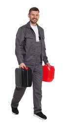 Photo of Man with plastic canisters on white background
