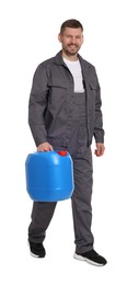 Photo of Man holding plastic canister on white background