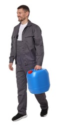 Photo of Man holding plastic canister on white background