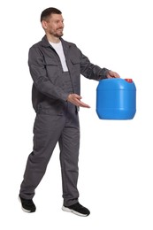 Photo of Man holding plastic canister on white background