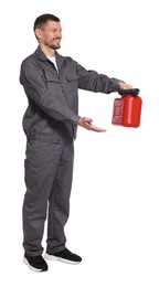 Photo of Man holding plastic canister on white background