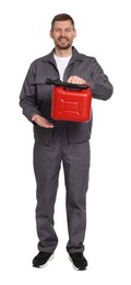 Photo of Man holding plastic canister on white background