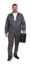 Photo of Man holding plastic canister on white background