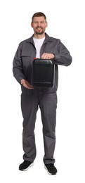 Photo of Man holding plastic canister on white background