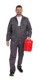 Photo of Man holding plastic canister on white background