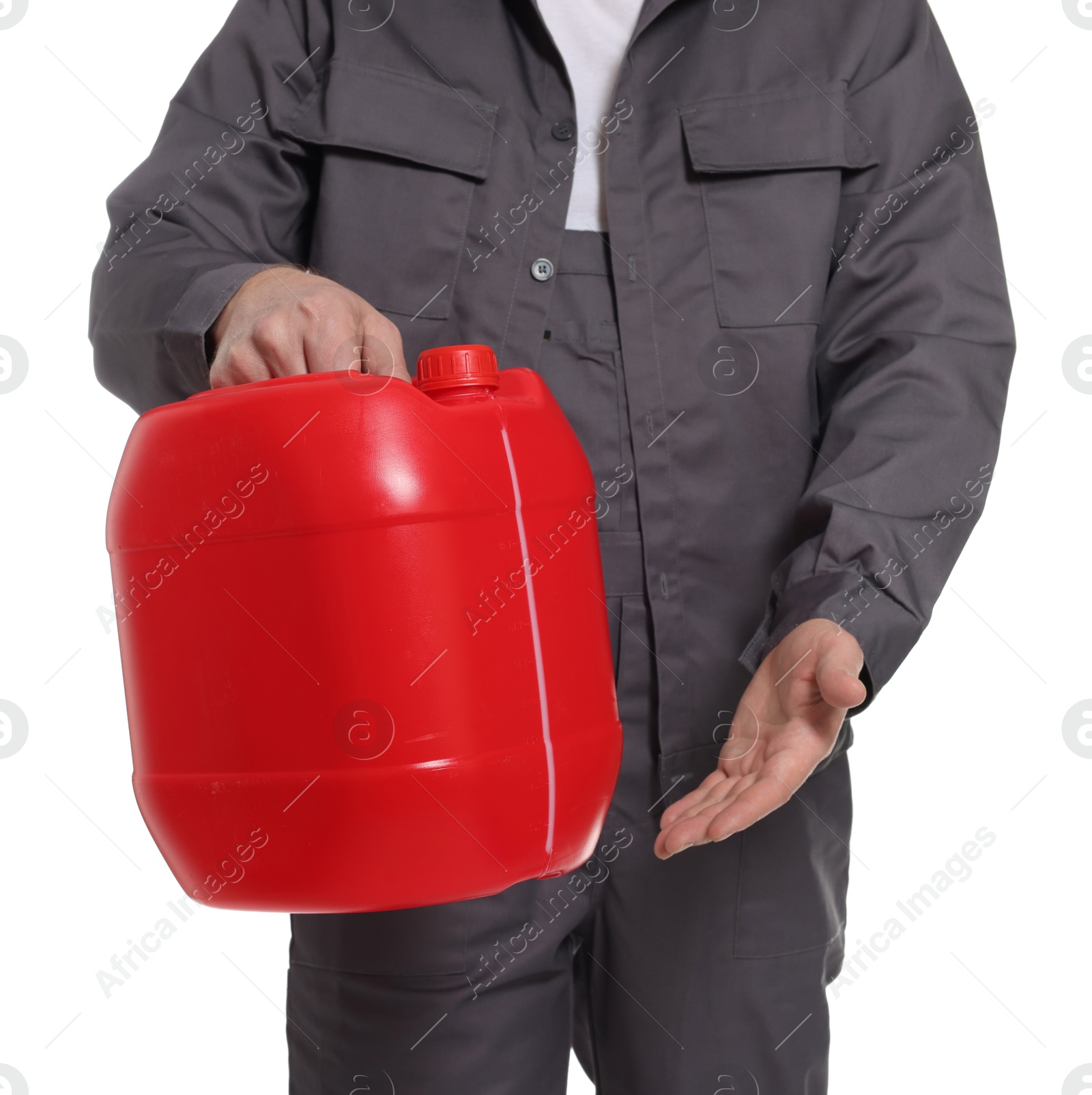 Man holding plastic canister on white background, closeup Photo of Man holding plastic canister on white background, closeup