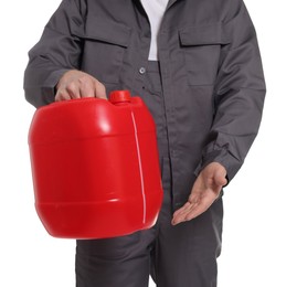 Photo of Man holding plastic canister on white background, closeup