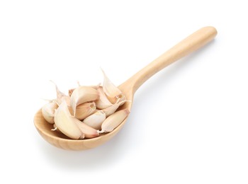 Photo of Aromatic garlic in wooden spoon isolated on white