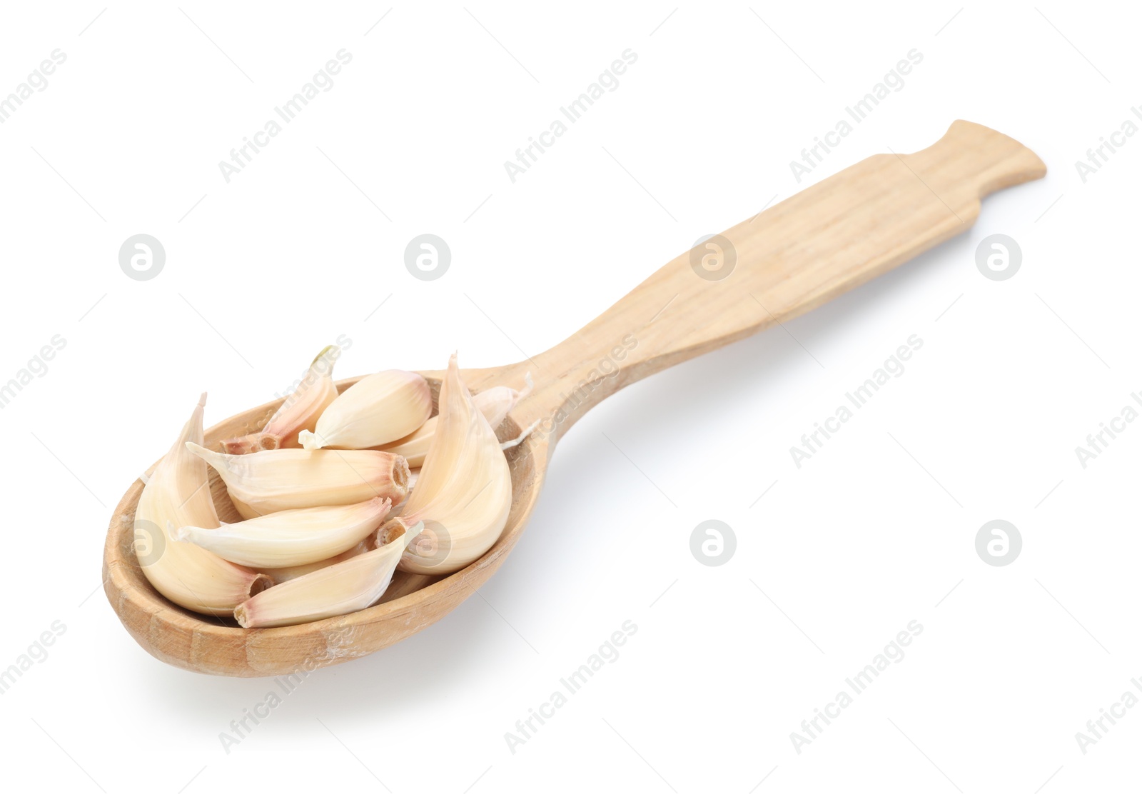 Aromatic garlic in wooden spoon isolated on white Photo of Aromatic garlic in wooden spoon isolated on white