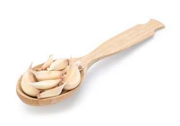 Photo of Aromatic garlic in wooden spoon isolated on white