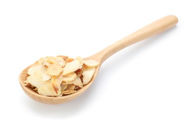 Photo of Dried garlic in wooden spoon isolated on white