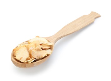 Photo of Dried garlic in wooden spoon isolated on white