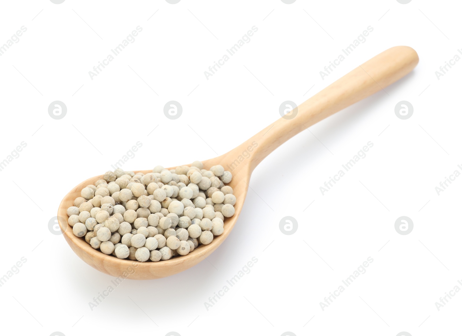 Aromatic pepper in wooden spoon isolated on white Photo of Aromatic pepper in wooden spoon isolated on white