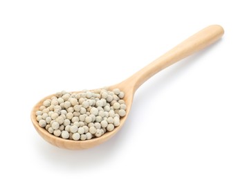 Photo of Aromatic pepper in wooden spoon isolated on white