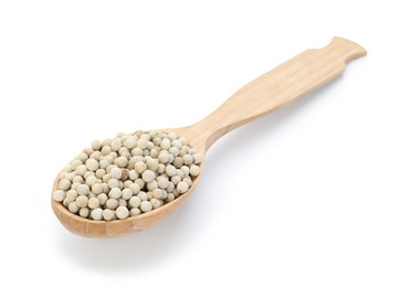 Photo of Aromatic pepper in wooden spoon isolated on white