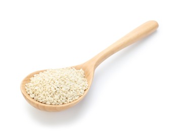 Photo of Sesame seeds in wooden spoon isolated on white
