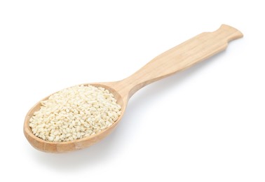 Photo of Sesame seeds in wooden spoon isolated on white