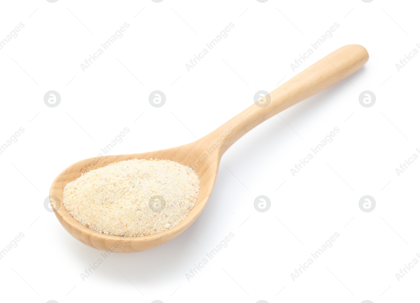 Aromatic garlic powder in wooden spoon isolated on white Photo of Aromatic garlic powder in wooden spoon isolated on white
